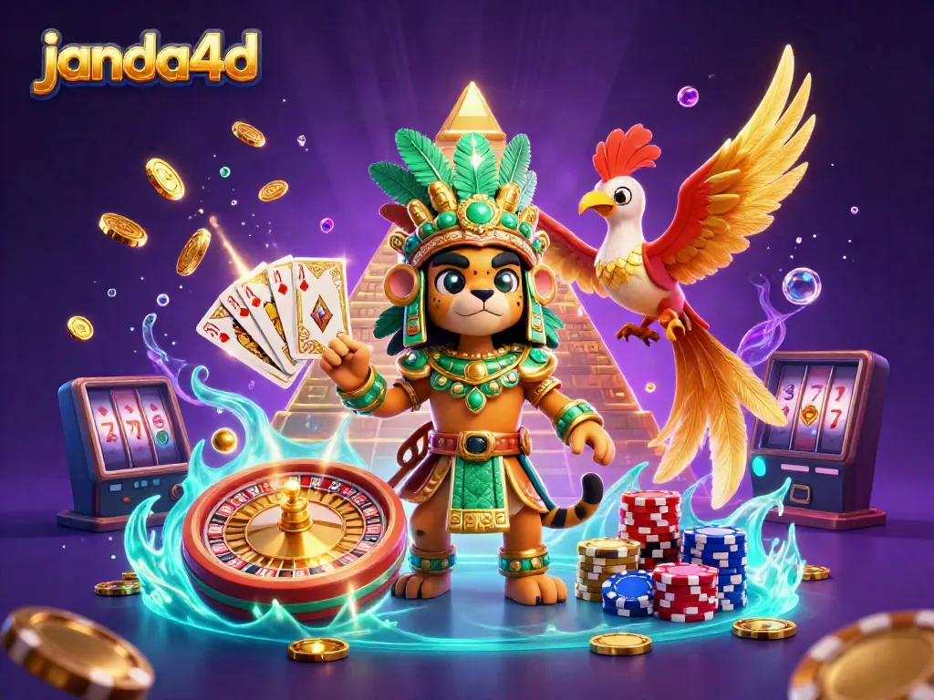 Permainan judi yang mendebarkan di janda4d dengan karakter Mayan dan elemen kasino.