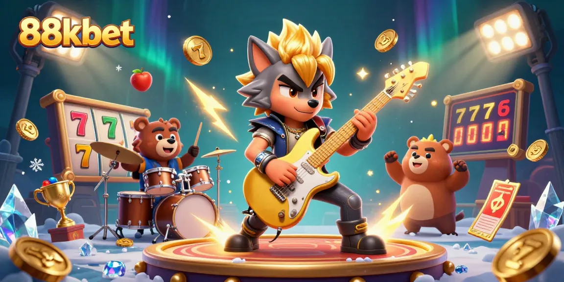 Watch 88kbet's vibrant casino scene with a rock star wolf and drummer bear winning jackpots!