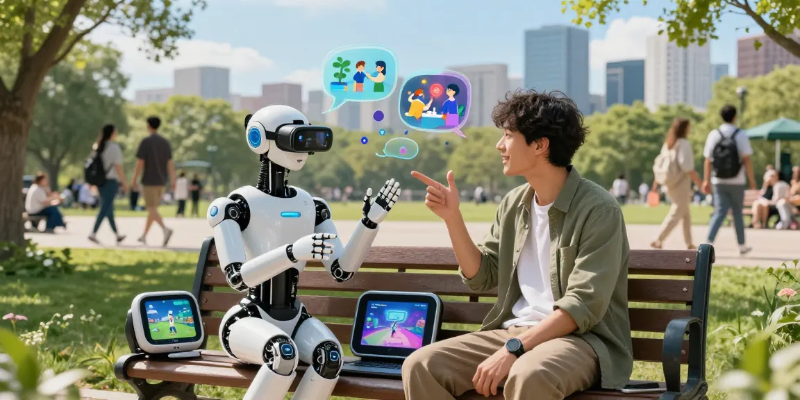 AI gf conversation in a vibrant park setting, enhancing personal connections.