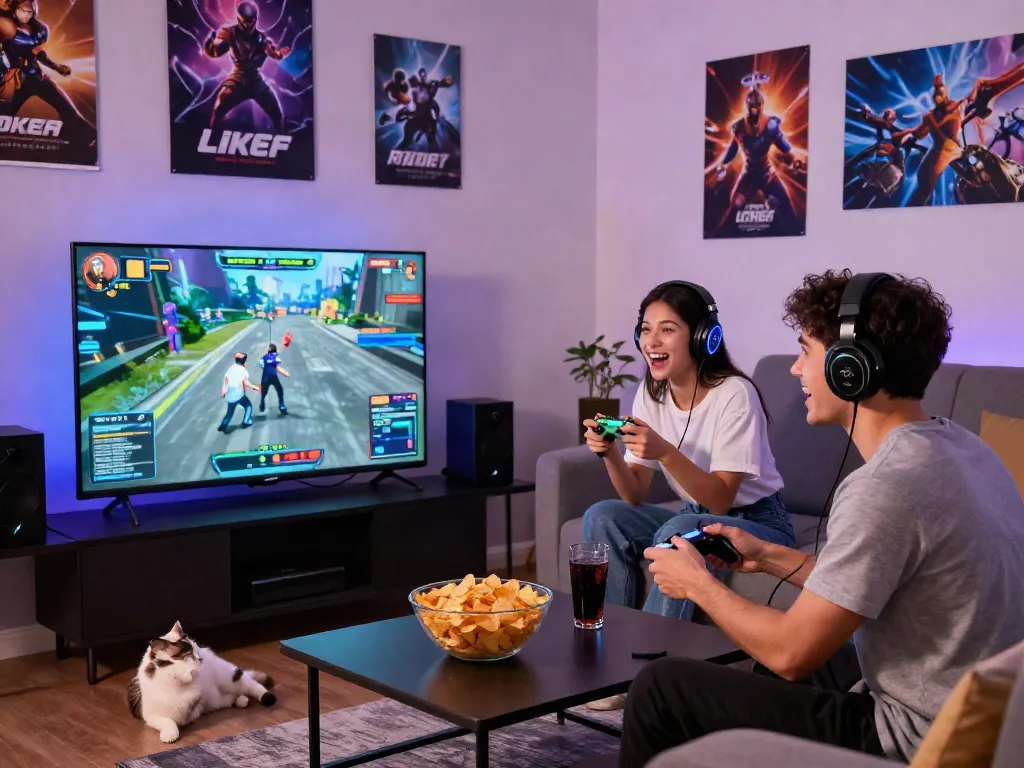 Exciting scene of gaming enthusiasts playing rokok88 apk in a vibrant living room.