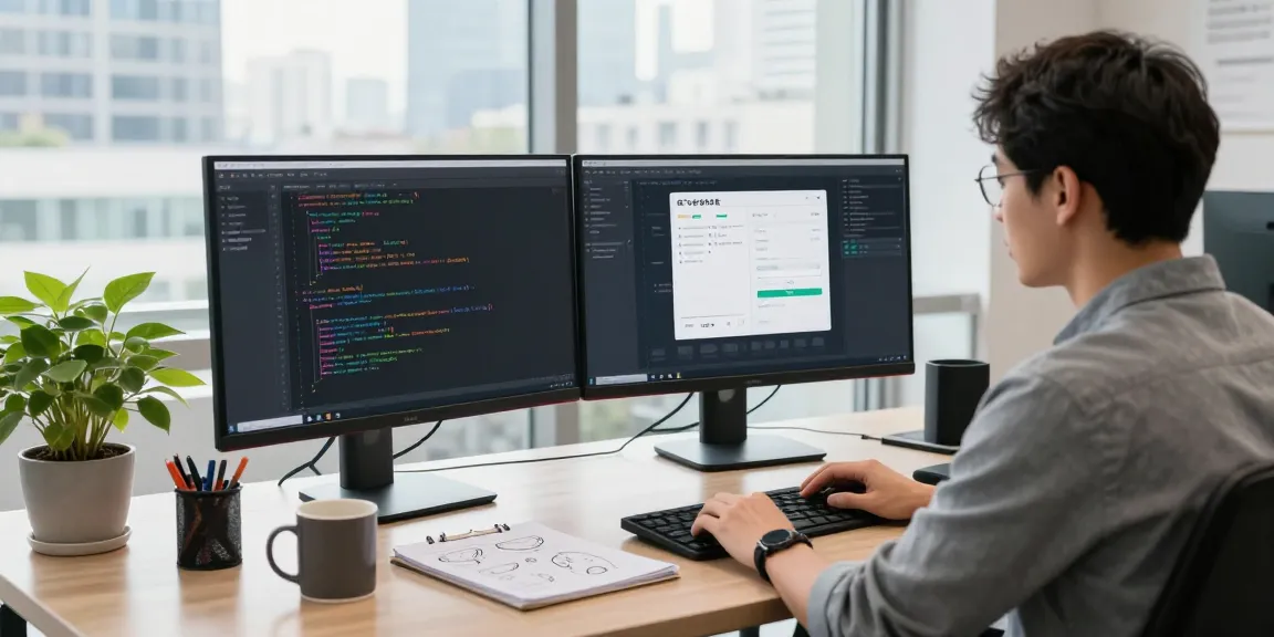 Developer coding 纸飞机中文版 in a modern office workspace with dual monitors and city view.