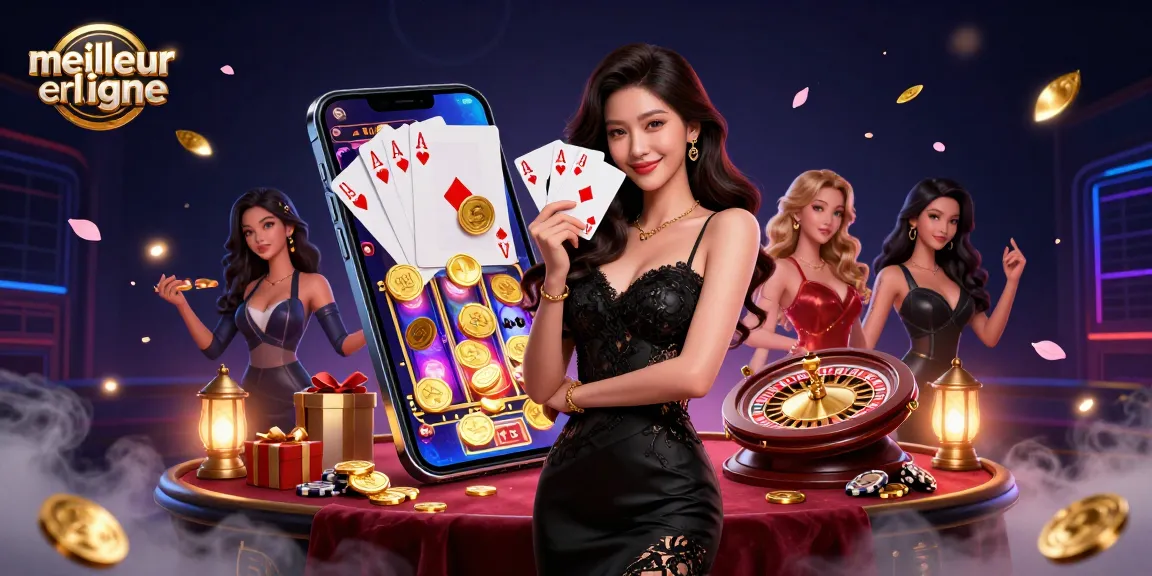 Interagissez avec l'expérience du meilleur casino en ligne tandis qu'une femme glamour présente des cartes gagnantes.
