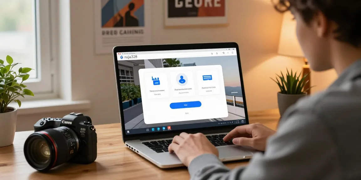 login raja328 displayed on laptop screen with user in casual workspace.