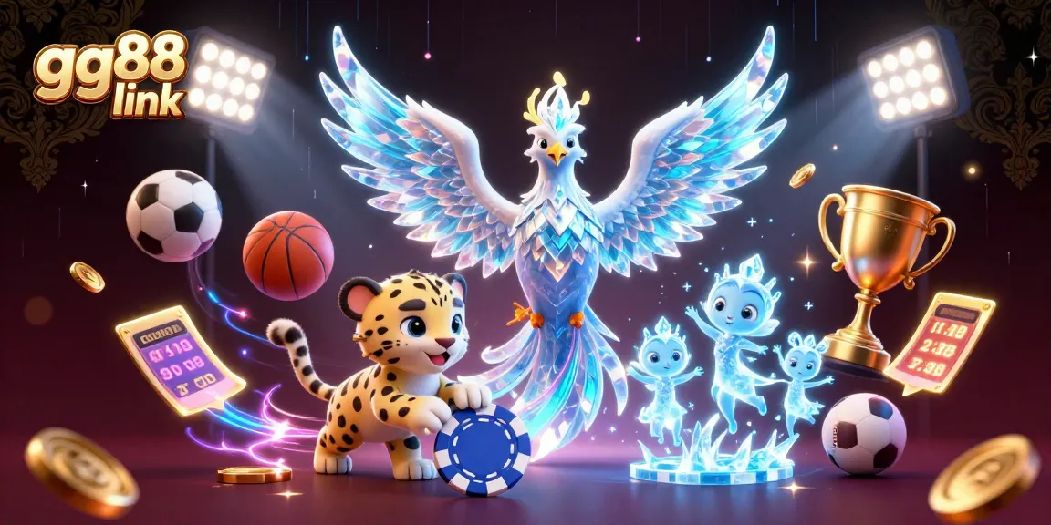 Engage with the magic of the gg88 link through a vibrant 3D casino illustration showcasing an ice phoenix and sports elements.