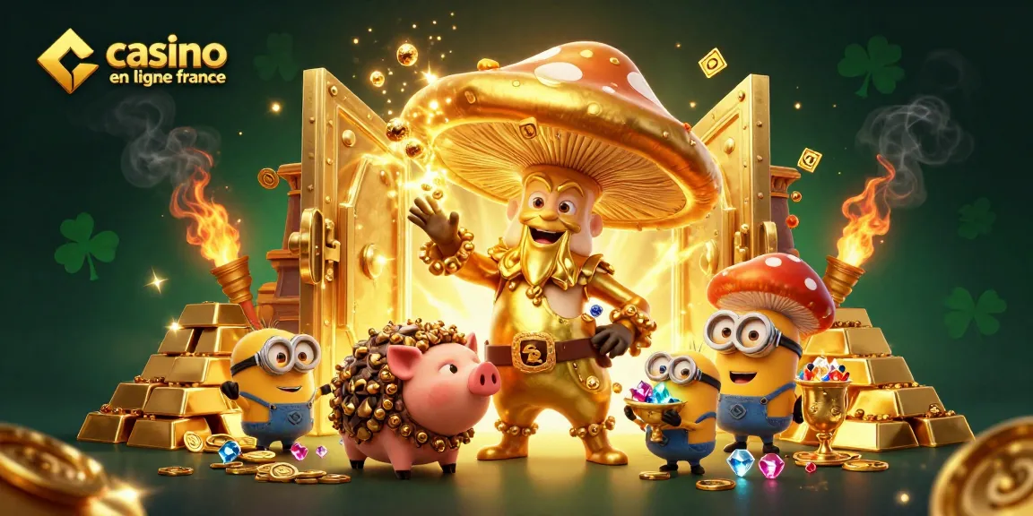 Découvrez le meilleur casino en ligne France avec des jeux dorés et des trésors dans une scène animée.