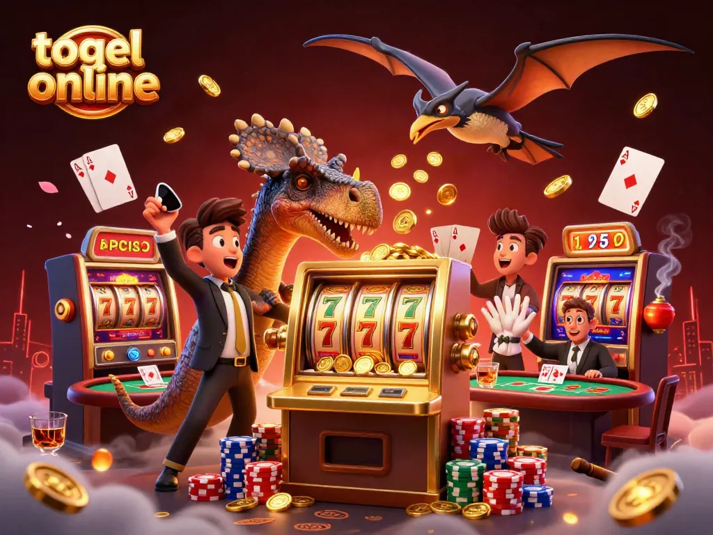 Experience the thrill of togel online illustrated with a 3D dinosaur scene capturing casino excitement.