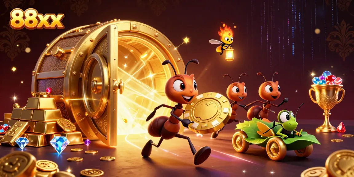 Experience the thrill of the 88xx casino heist with whimsical cartoon ants, golden chips, and treasure.