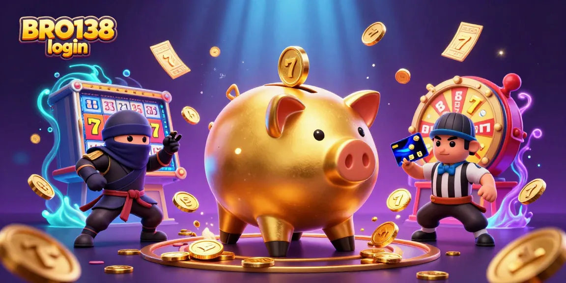 Experience thrilling gameplay with BRO138 login featuring a golden piggy bank sumo wrestler and vibrant slot game elements.