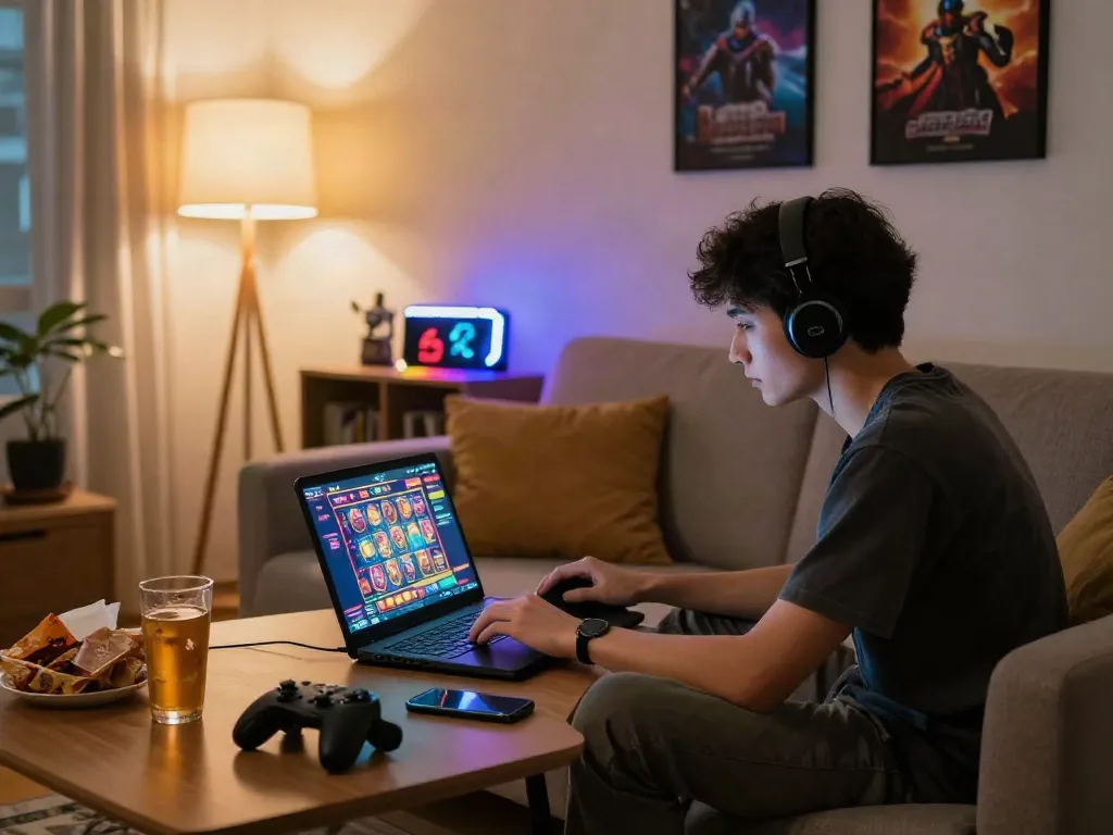 Enjoying slot gacor hari ini gaming session in a cozy living room with snacks and vibrant game display.