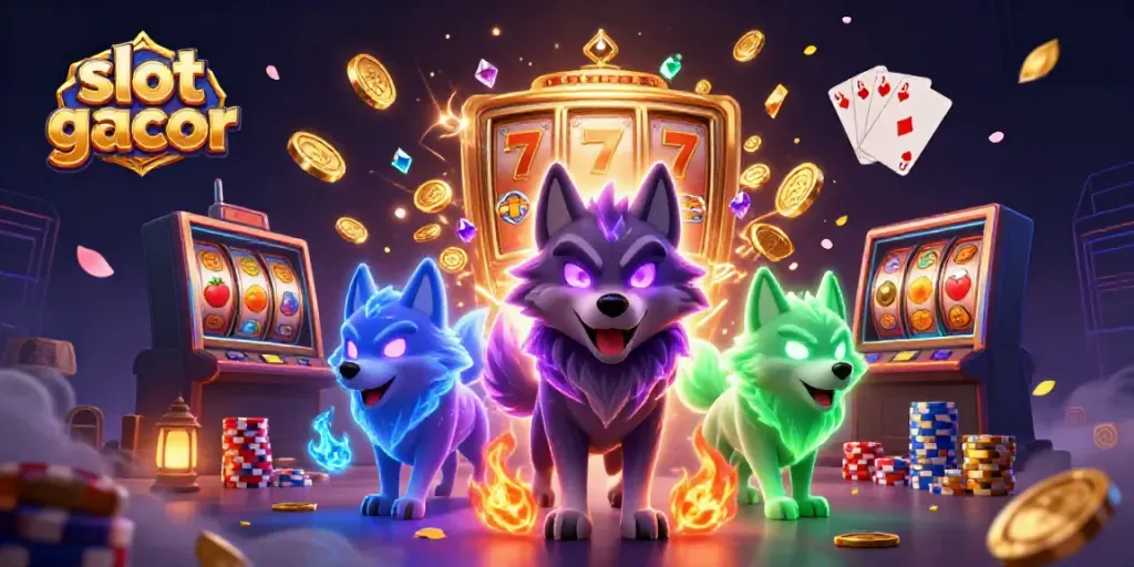 Engaging scene of slot gacor featuring a ghostly wolf pack with slot machine reels and golden coins.