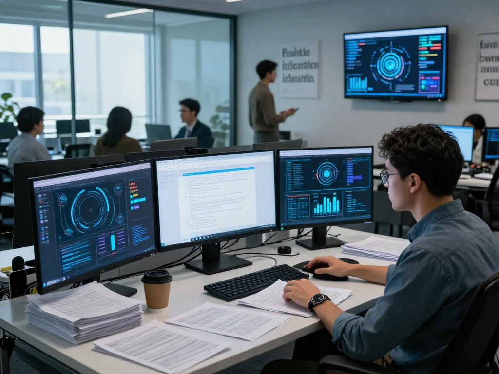 Data analyst conducting document fraud detection analysis in a modern office.