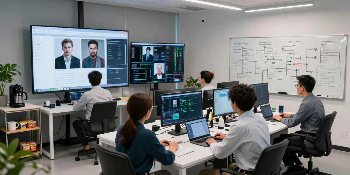 AI image detector software analysis in a collaborative detection lab with diverse team members.