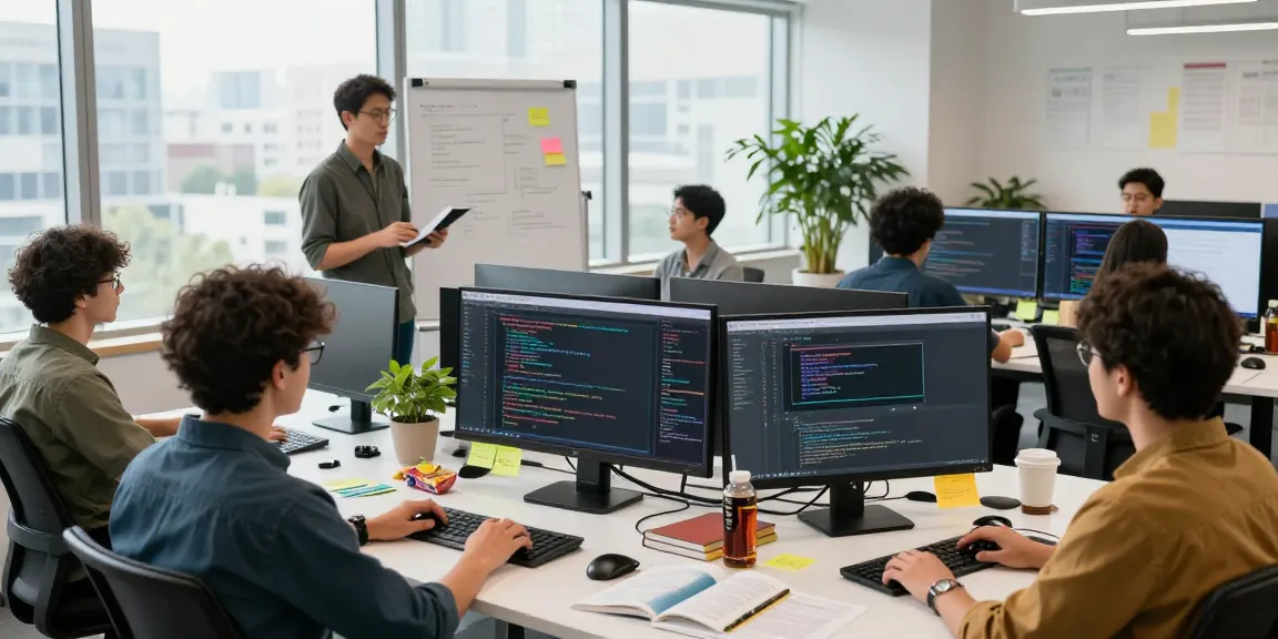 Developers collaborating using openclaw skills in a modern office environment, showcasing coding and creativity.