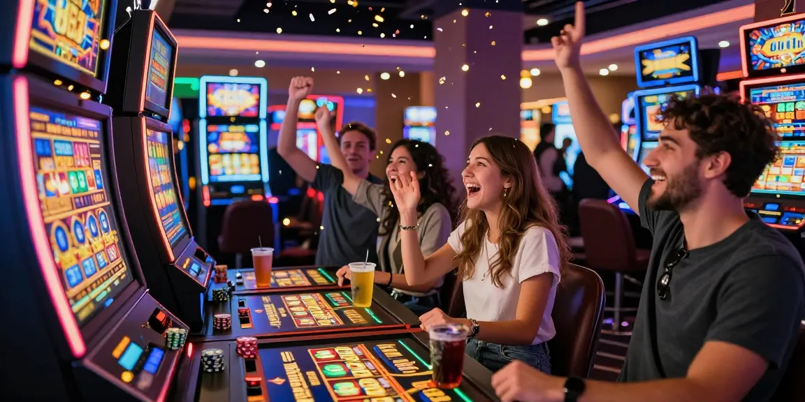Permainan slot yang seru di kasino dengan mesin berkilauan dan teman-teman merayakan kemenangan.