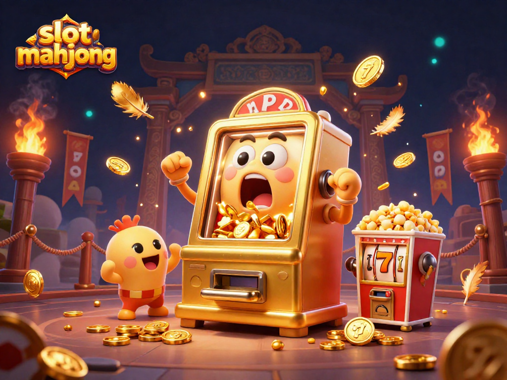 Menangkan slot mahjong dengan mesin slot emas yang mengejutkan saat jackpot jatuh, dikelilingi koin emas.