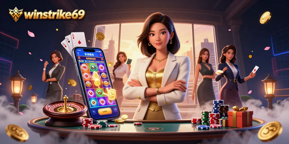 Experience thrilling gaming action with winstrike69 in a vibrant casino scene featuring an elegant businesswoman and dynamic slot games.