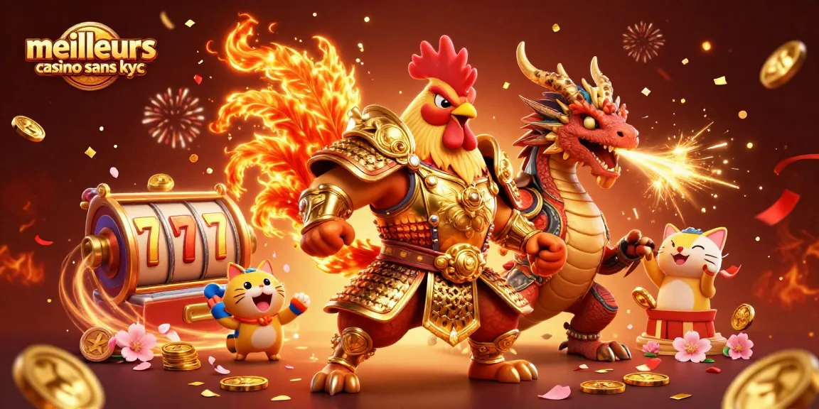 Découvrez les meilleurs casinos sans KYC dans une illustration dynamique de jeu avec un guerrier et un dragon.