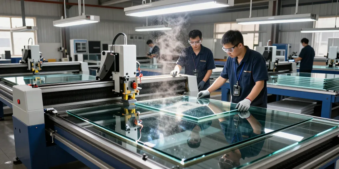 Technicians using advanced glass cutting table machines in a modern workshop.