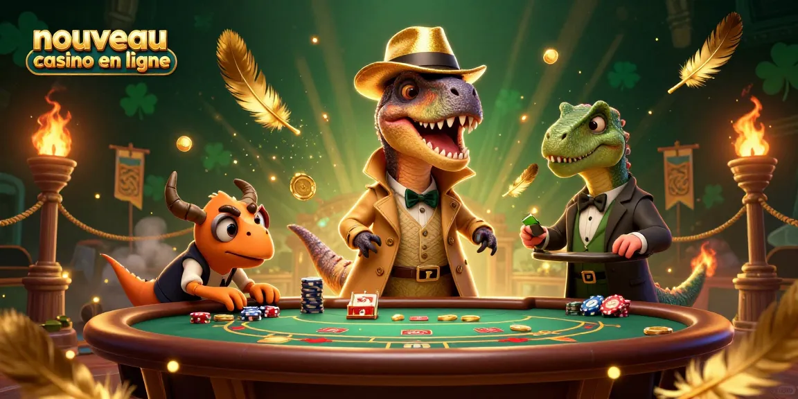 Le nouveau casino en ligne présente une illustration dynamique avec des personnages de dinosaures autour d'une table de blackjack.