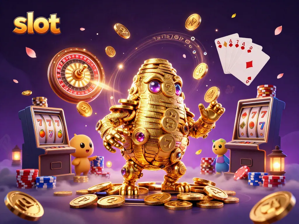 Slot menyajikan aksi mesin slot dalam ilustrasi 3D penuh warna yang dinamis dan menarik.