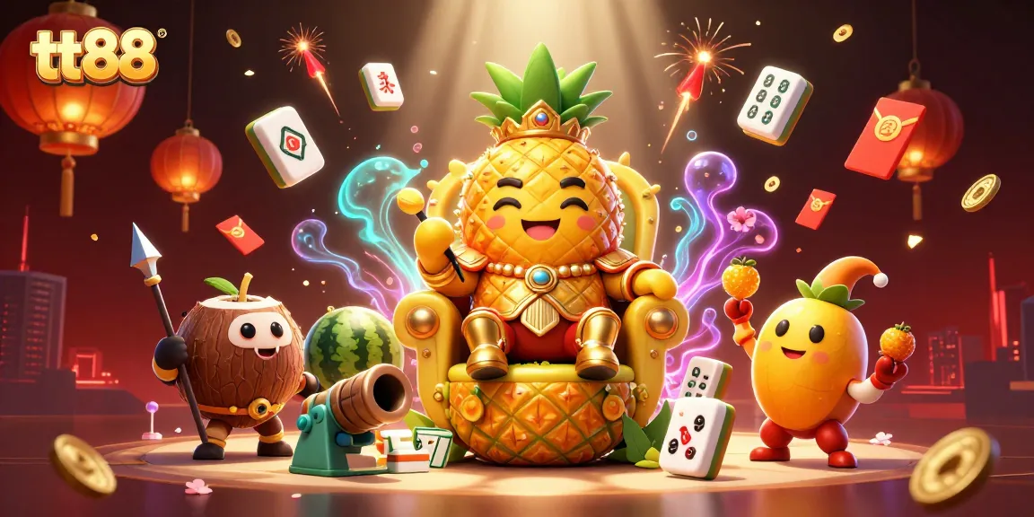 Experience the excitement of gaming with tt88 as golden pineapple king and friends celebrate on a vibrant beach casino.