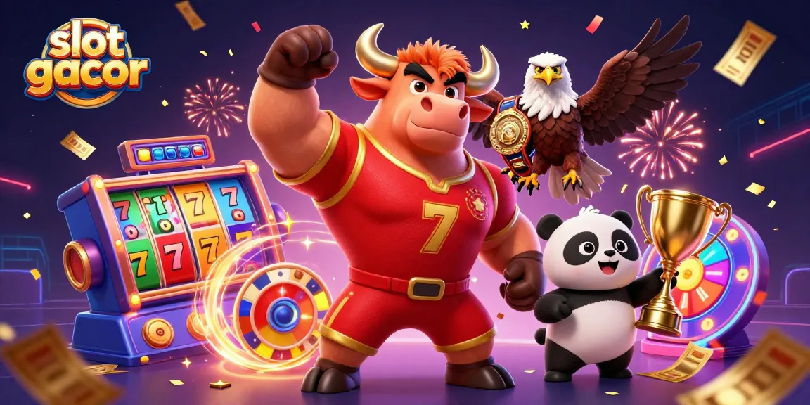 Engage with slot gacor promotions featuring a triumphant bull mascot, captivating reels, and a cheerful panda holding a trophy.