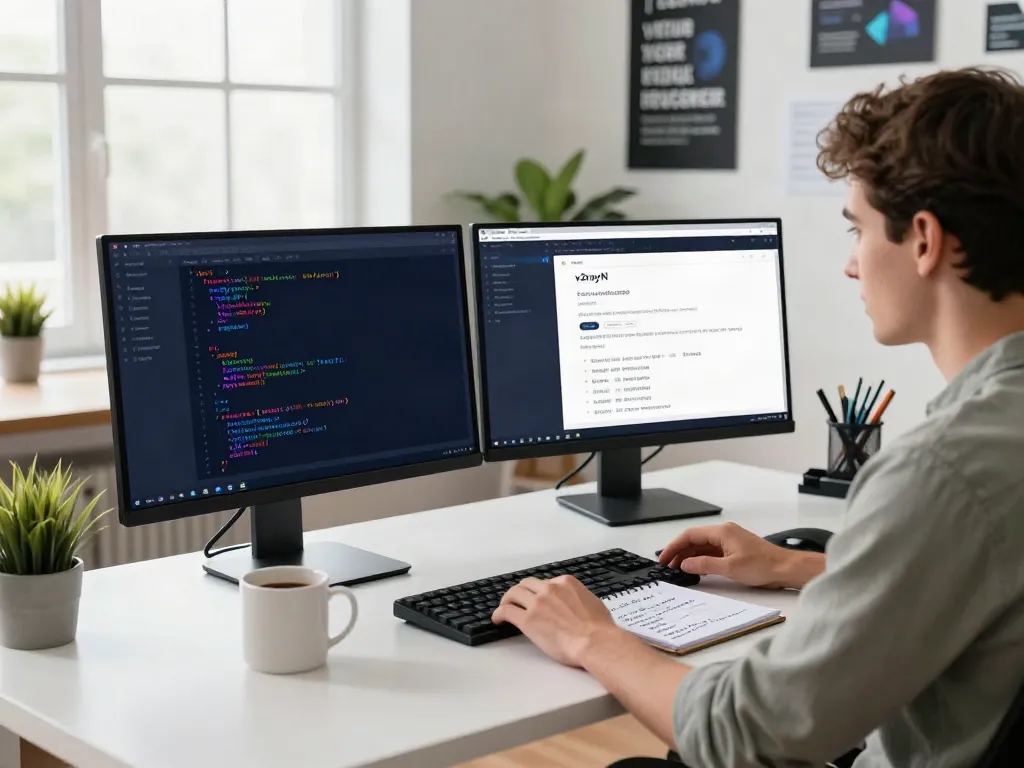 Developer using v2rayN in a modern tech workspace with dual monitors and coding.