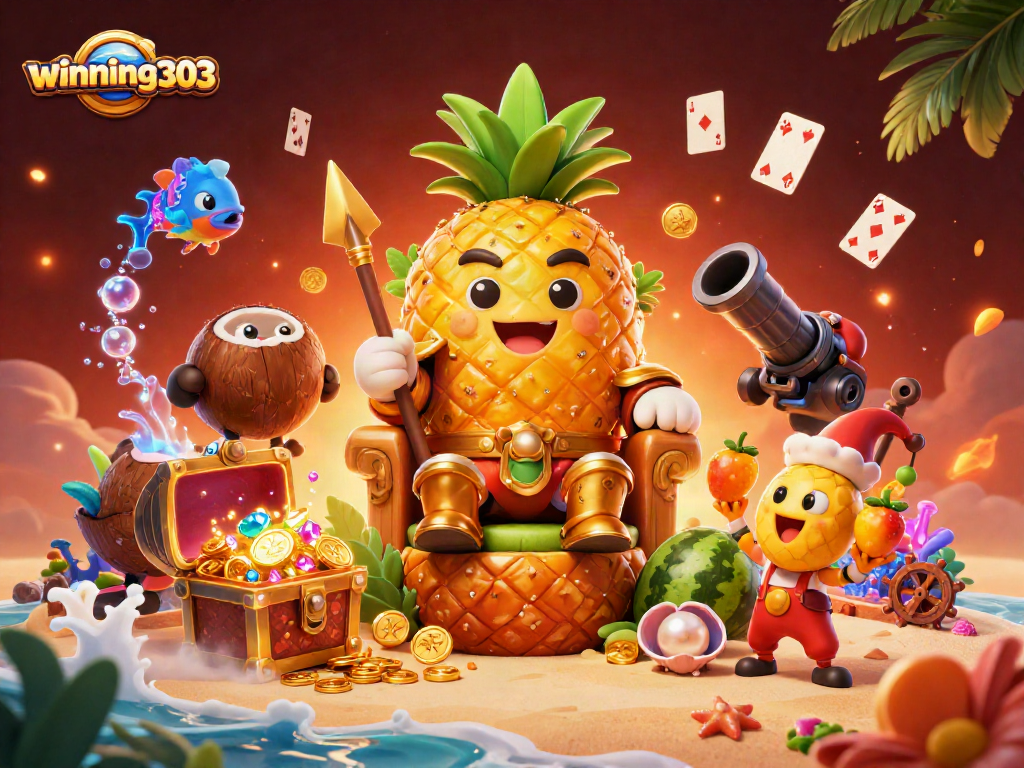 Winning303 brings thrilling casino action with a vibrant, tropical-themed illustration packed with excitement.