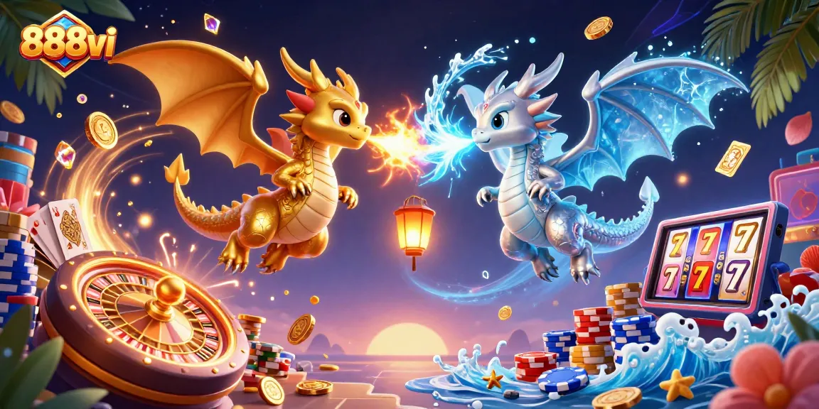 Experience thrilling gameplay with 888vi as dynamic dragon characters battle amidst casino elements.