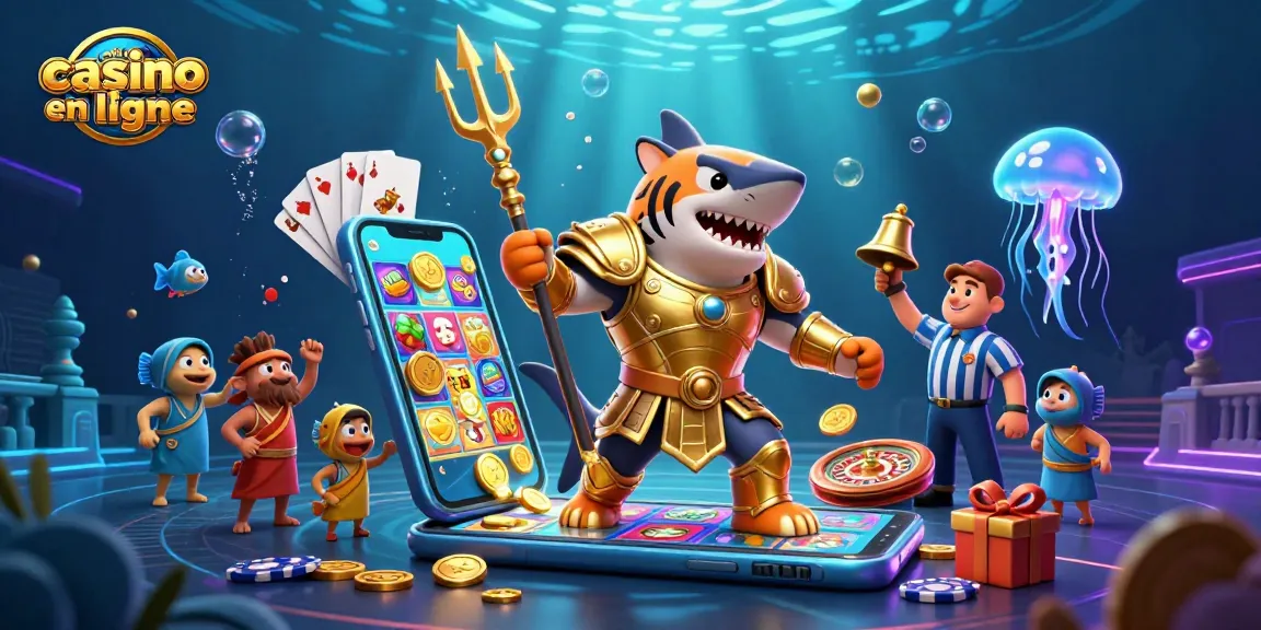 Jouez à des jeux de casino passionnants au meilleur casino en ligne pendant qu'un requin gladiateur manie un trident sous l'eau.