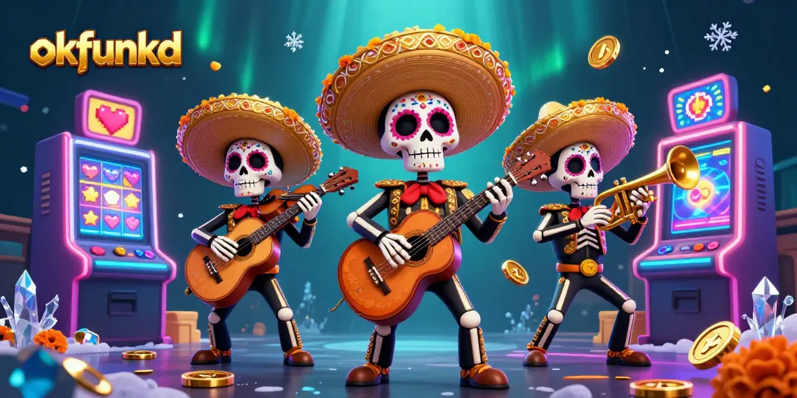 Experience the excitement of gaming at okfunkd with vibrant slot machines and festive skeleton musicians!