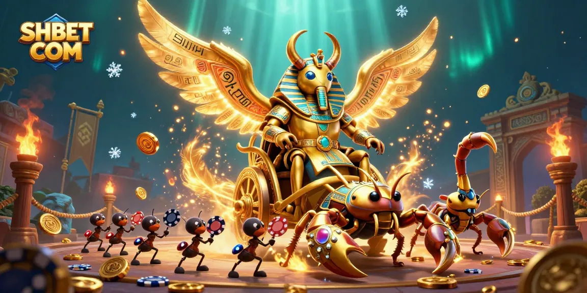 Experience thrilling gameplay with SHBET COM, featuring a vibrant scene of a colossal golden scarab in an epic casino setting.