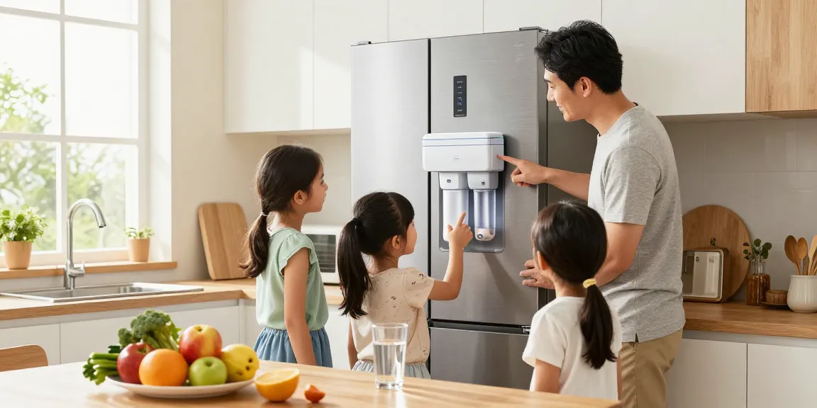 Family enjoying fresh, filtered water from the Maxblue UKF8001 Refrigerator Water Filter in their modern kitchen.