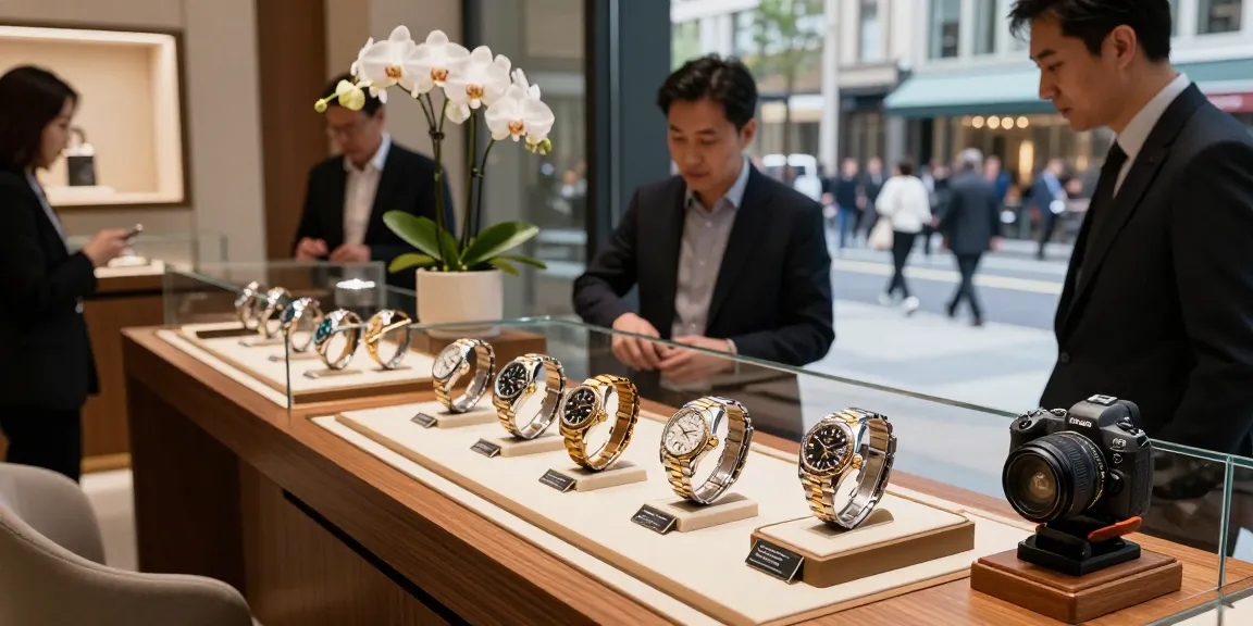 Rolex super clone watches elegantly displayed in a luxury retail setting.