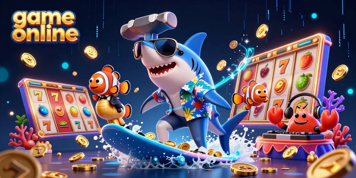 Surfing with gold coins in a vibrant scene, game online showcases thrilling slots and characters.