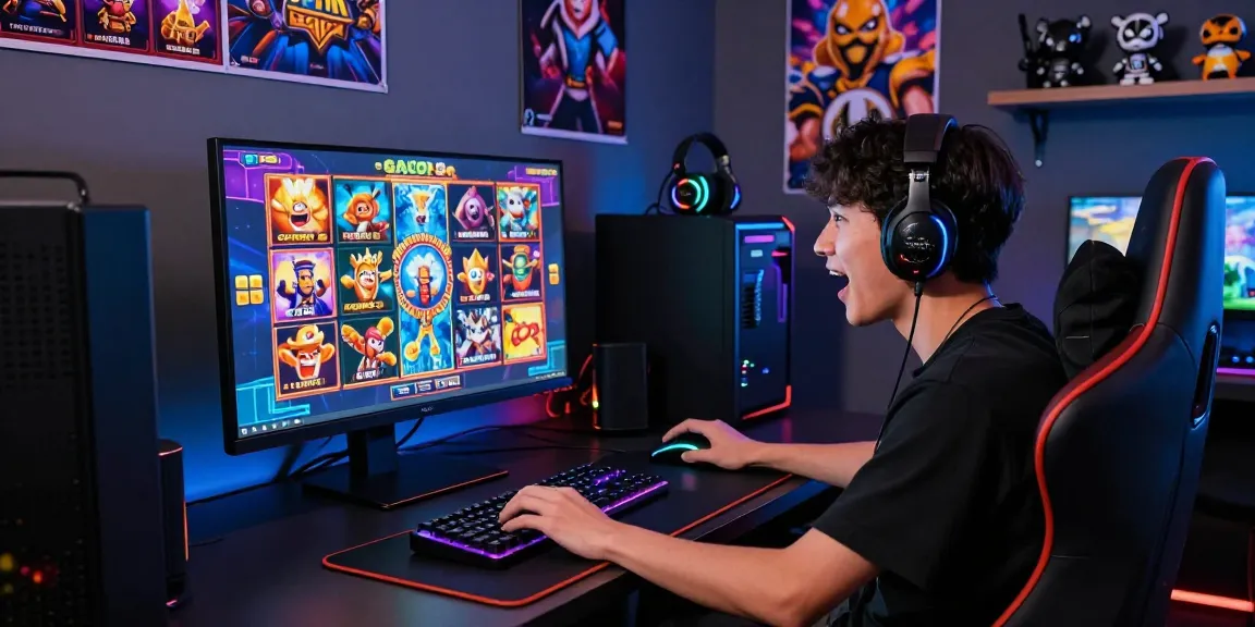 Permainan SLOT GACOR online yang menarik dengan grafis cerah dan gamer bersemangat di layar desktop.
