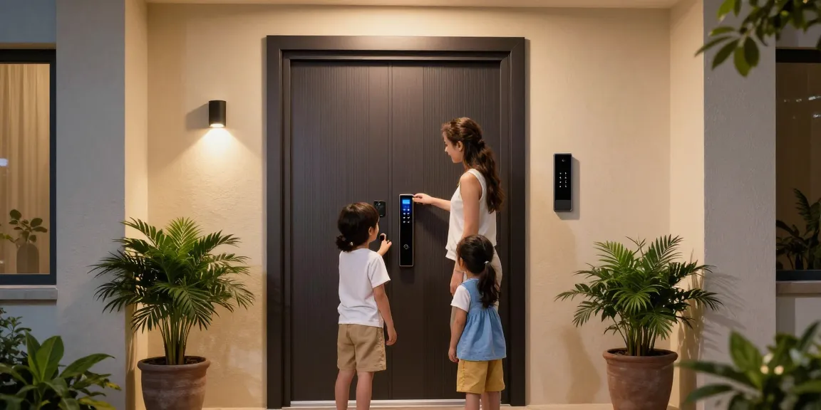 Interaction with قفل هوشمند at home entrance, showcasing security and modern design.