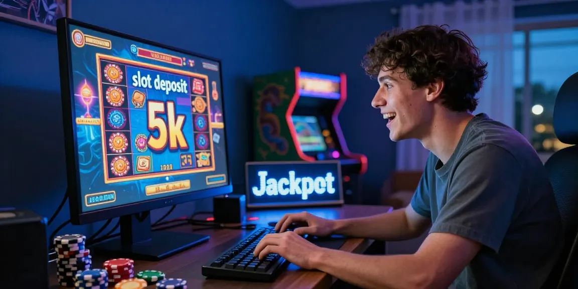 Engaged player enjoying online gaming with slot deposit 5k on a colorful screen, surrounded by casino-themed decor.