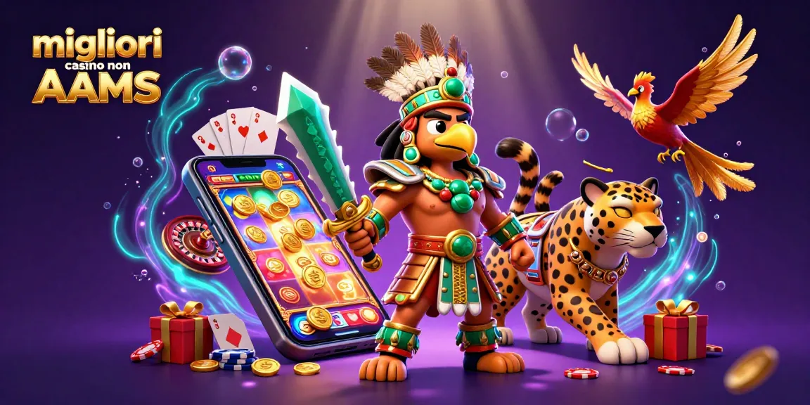 Scena coinvolgente che mostra i migliori casino non AAMS con un vivace gioco di slot, guerrieri aztechi e elementi di gioco emozionanti.
