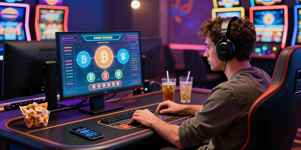 Player engaged in a live dealer game at a crypto casino, surrounded by digital currency icons and colorful lights.