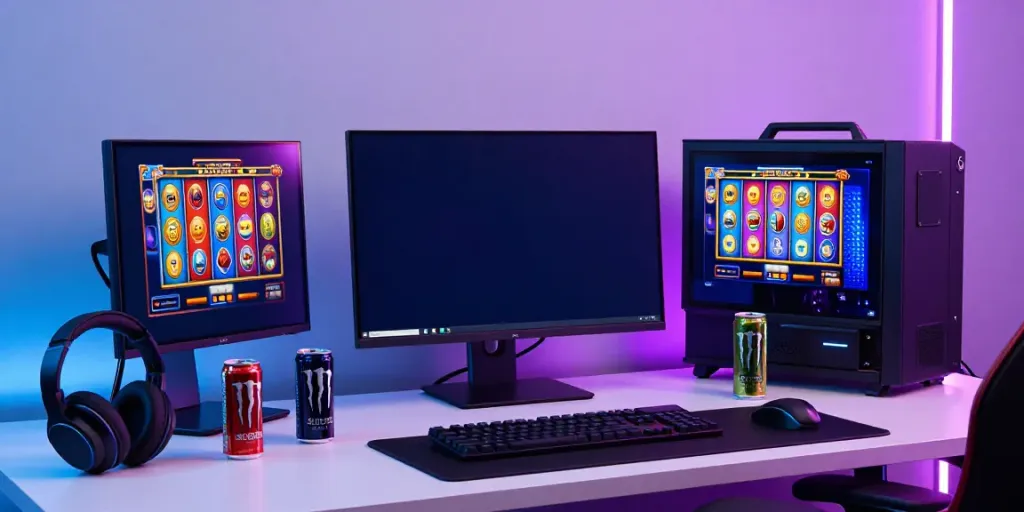 Permainan slot di smartphone dengan aksesori gaming, suasana ceria.