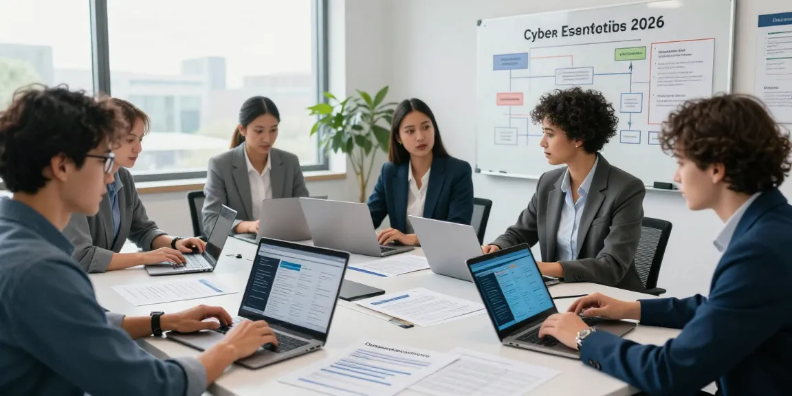 Team collaborating in a cybersecurity office to achieve cyber essentials accreditation for enhanced compliance.