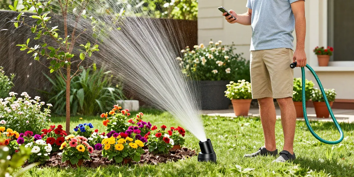 Homeowner adjusting the rainpoint sprinkler timer amidst a blooming garden for efficient plant care.