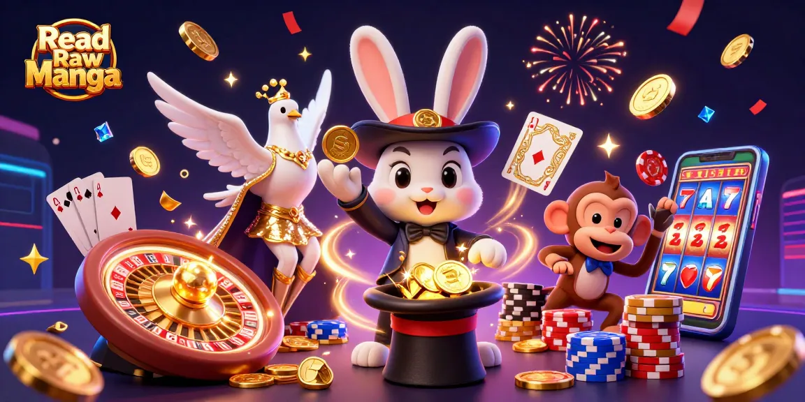 Experience the magic of Read Raw Manga in this vibrant casino-themed illustration with dazzling characters and elements.