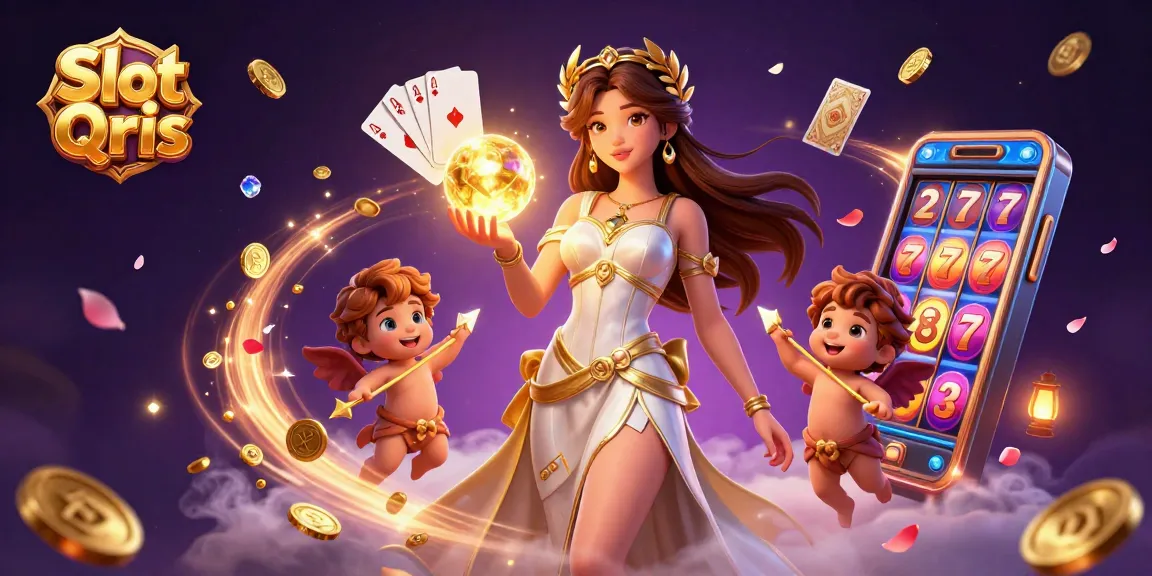 Experience the allure of Slot Qris with a captivating scene of a goddess, cherubs, and dazzling casino elements.