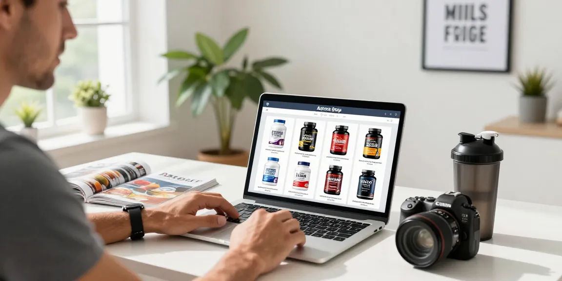 A fitness enthusiast exploring Astera Shop's products on a laptop in a bright home setting.