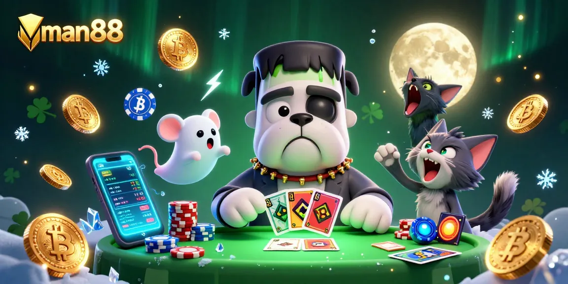Engage with man88 while winning cards dealt by a Frankenstein bulldog in a vibrant casino scene.