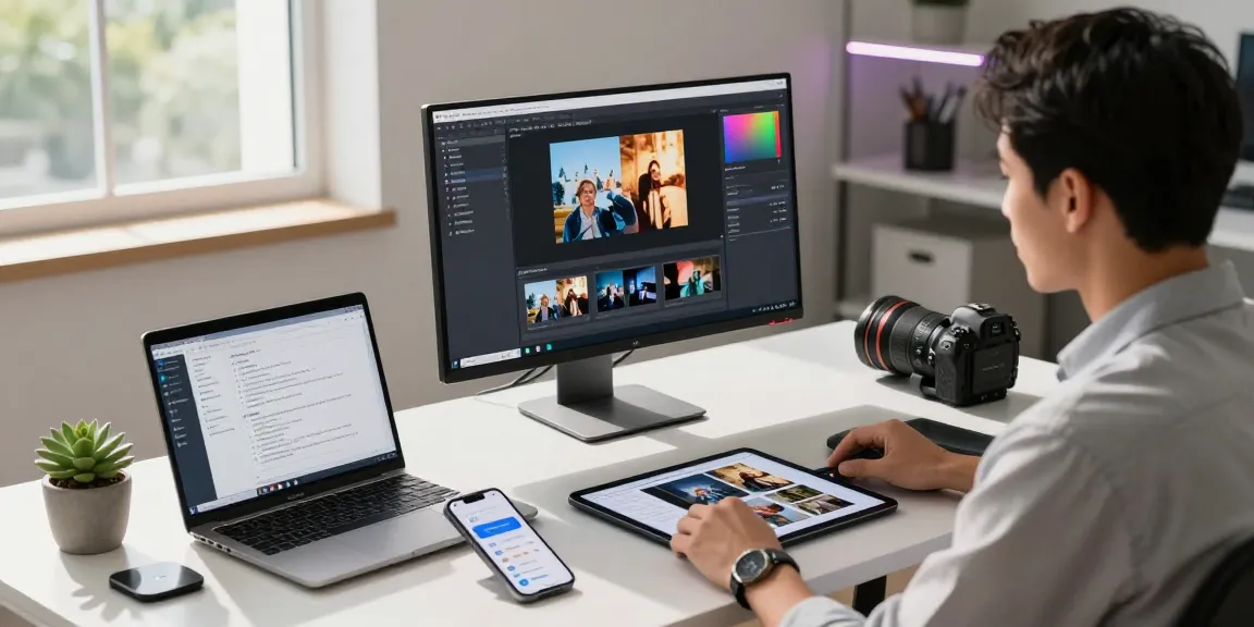AI detector analysis in a modern workspace with a data scientist reviewing image results on a high-resolution monitor.