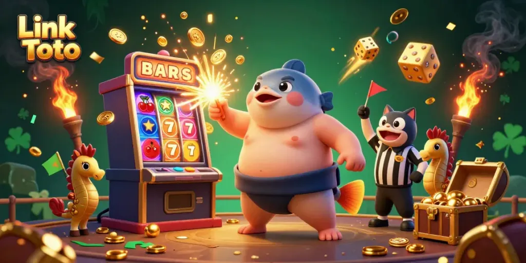 Link Toto: bermain dengan jackpot dari mesin slot mengelilingi fugu besar, catfish wasit, dan seahorse penonton.
