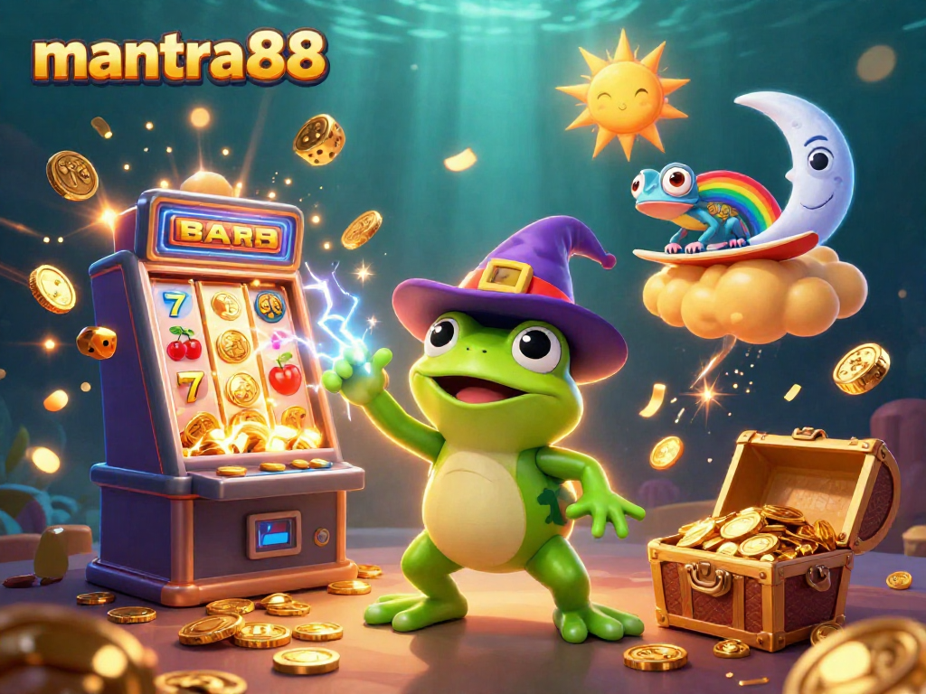 Experience mantra88's thrill with a wizard frog and chameleon amid golden coins and jackpot excitement.